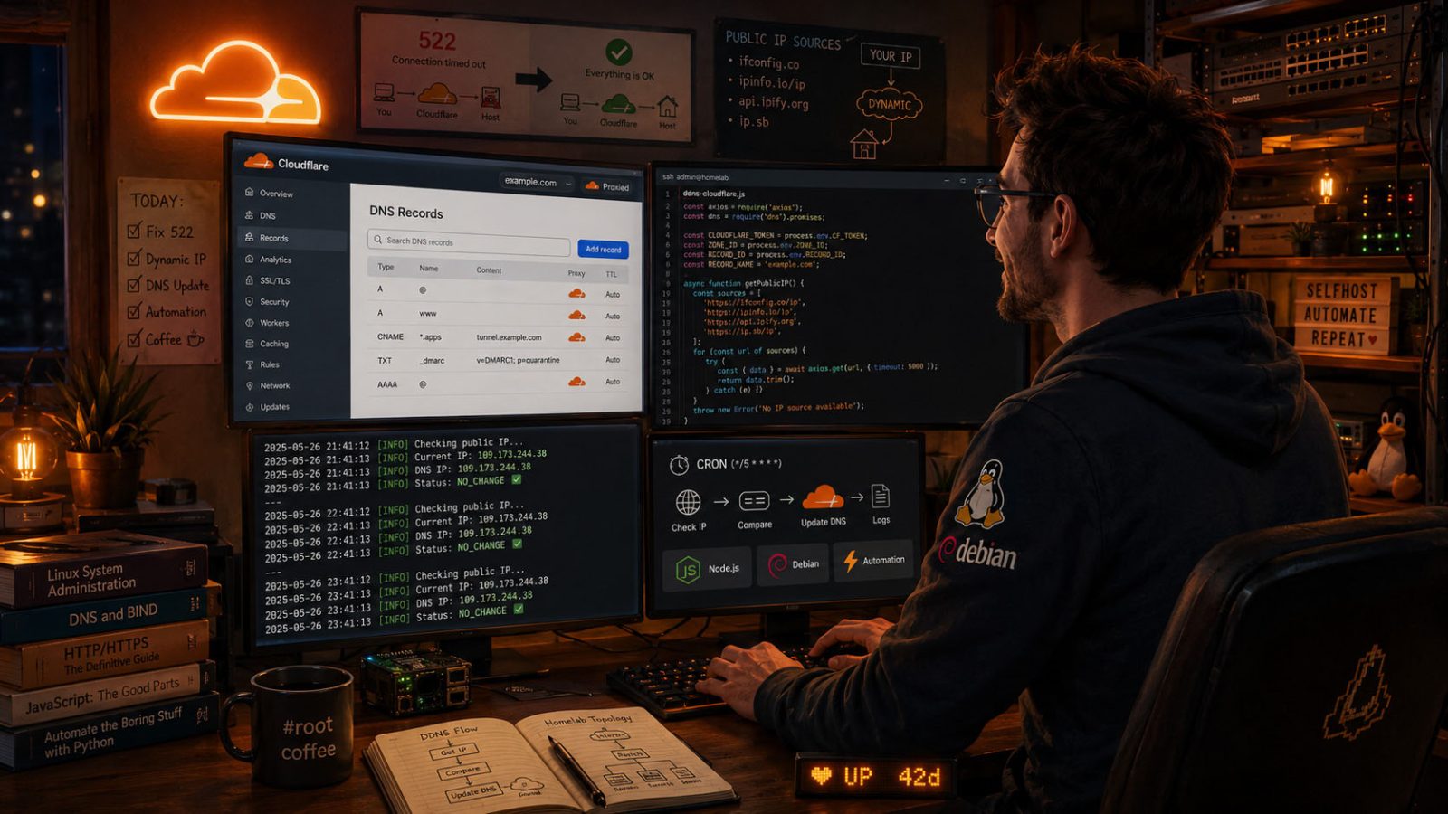 Cloudflare 522, zmienne IP i homelab. Jak naprawiłem DNS-y przez API i zrobiłem własny DDNS